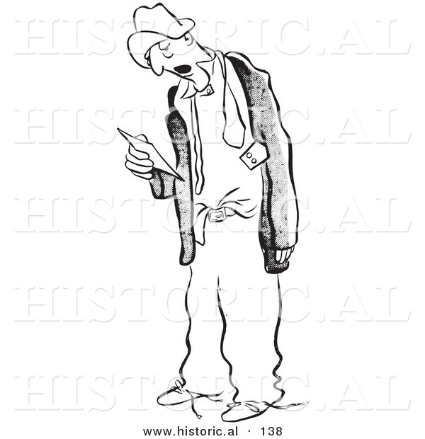 Historical Vector Illustration of a Tired Male Worker Staring at His Time Sheet - Black and White Outlined Version
