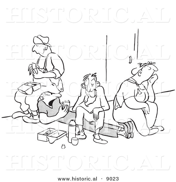 Historical Vector Illustration of a Unhappy Cartoon Workers Eating Lunch - Black and White Outlined Version