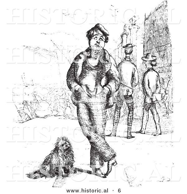 Historical Vector Illustration of a Unhappy Man Beside His Dog - Black and White Version