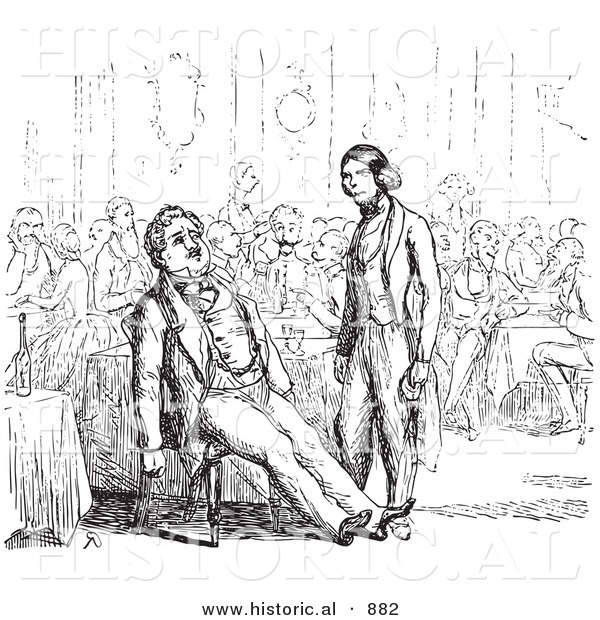 Historical Vector Illustration of a Waiter Standing and Staring at a Tired Customer Leaned Back in His Chair - Black and White Version
