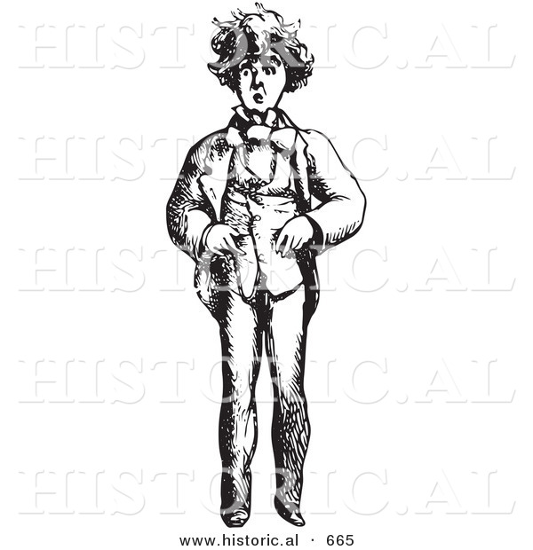 Historical Vector Illustration of a Worried Man Standing and Staring - Black and White Version Worried Man Standing and Staring