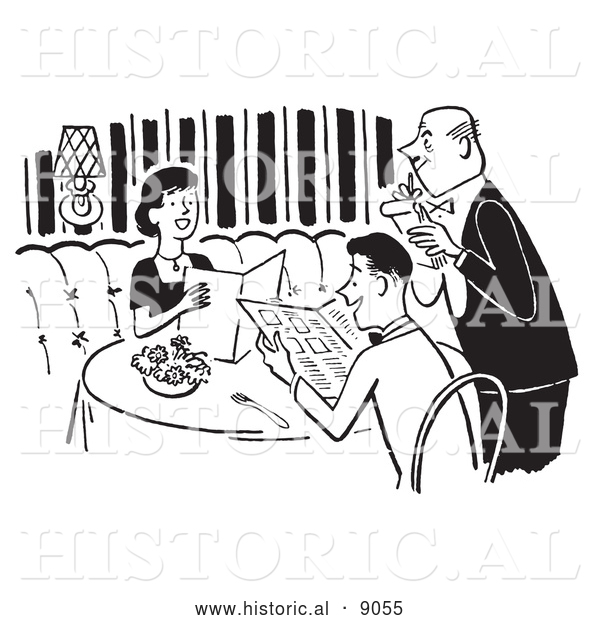 Historical Vector Illustration of a Young Couple Looking over a Menu While a Waiter Takes Their Order at a Restaurant - Black and White