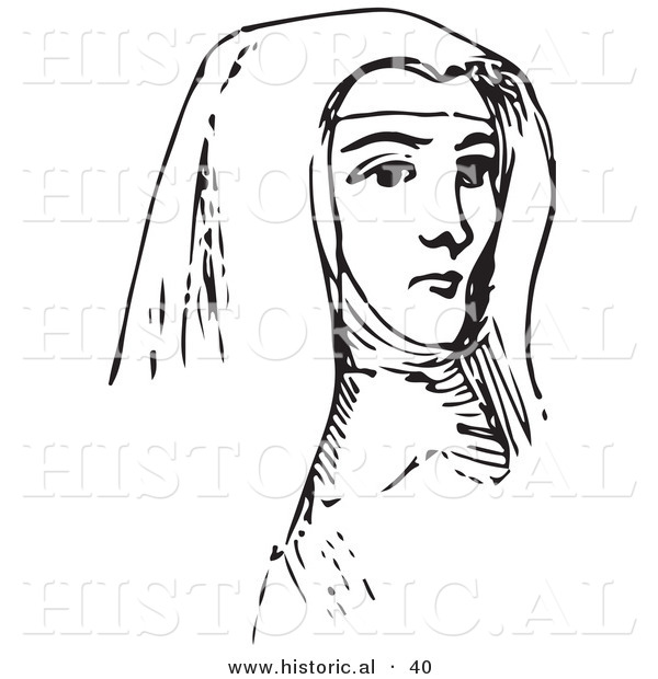 Historical Vector Illustration of a Young Nun - Black and White Version