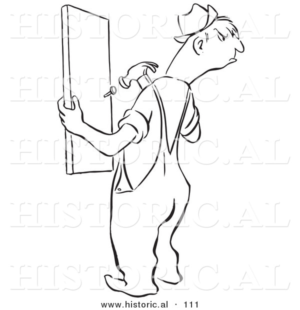 Historical Vector Illustration of an Angry Cartoon Man Repairing a Wood Fence - Black and White Outlined Version