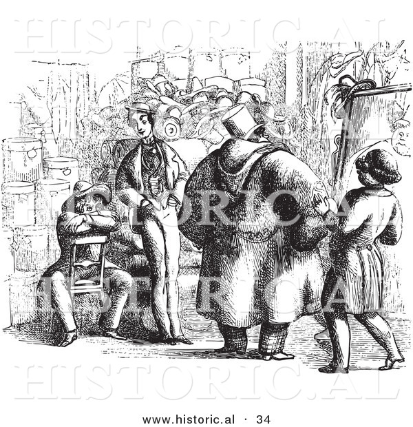 Historical Vector Illustration of an Artist Selling Portraits to a Small Crowd of People - Black and White Version