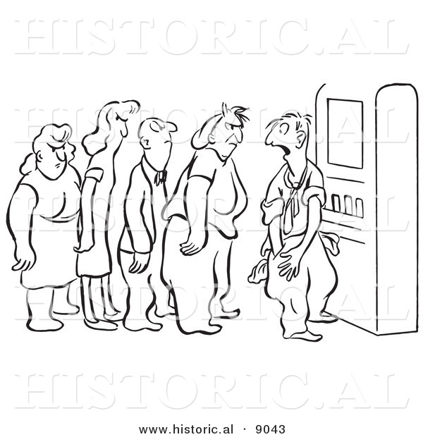 Historical Vector Illustration of an Embarrassed Cartoon Man Asking Angry Angry People Waiting in Line at a Vending Machine - Black and White Outlined Version