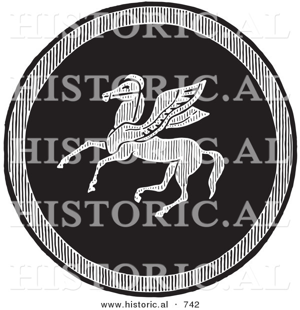 Historical Vector Illustration of an Emblazoned Greek Pegasus Shield - Black and White Version