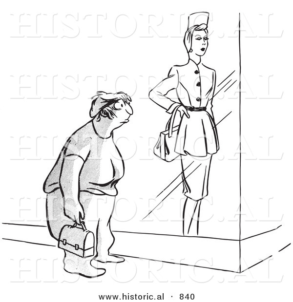 Historical Vector Illustration of an Obese Cartoon Woman Looking at a Skinny Mannequin in a Store Front Display - Black and White Outlined Version