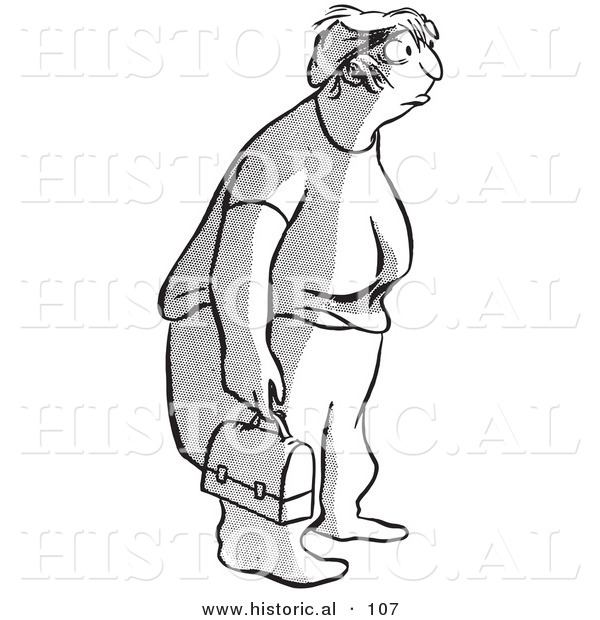 Historical Vector Illustration of an Obese Cartoon Woman Standing and Staring While Holding a Lunchbox - Black and White Outlined Version