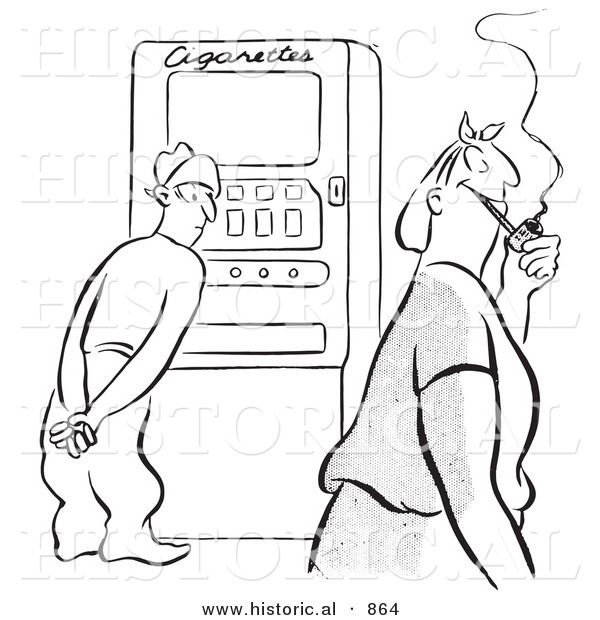 Historical Vector Illustration of an Undecided Cartoon Man Standing in Front of a Cigarette Machine While Watching a Happy Woman Walk by Smoking a Pipe - Black and White Outlined Version