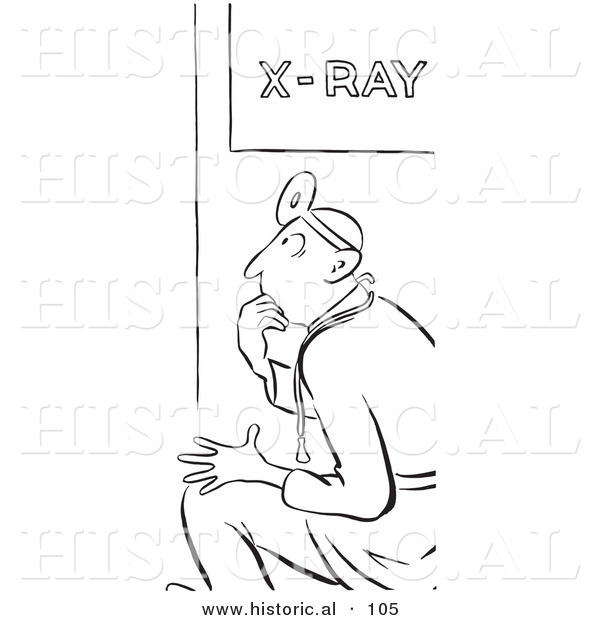 Historical Vector Illustration of an X Ray Doctor Sitting and Staring While Thinking - Black and White Outlined Version