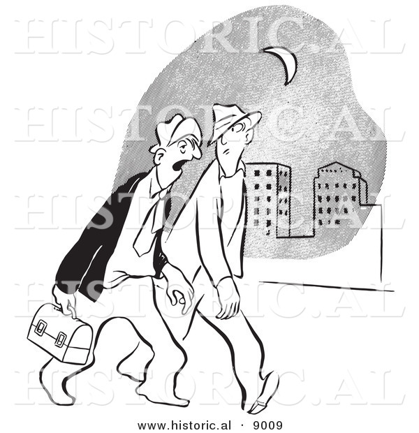 Historical Vector Illustration of Cartoon Men Walking Home from a Late Night of Work - Black and White Outlined Version