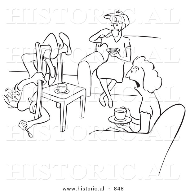 Historical Vector Illustration of Chatty Cartoon Women Asking a Man About His Day at Work - Black and White Outlined Version