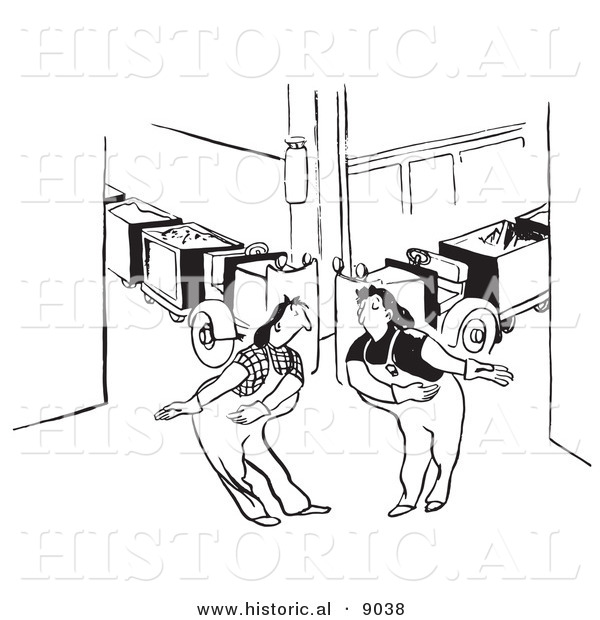 Historical Vector Illustration of Courteous Cartoon Female Factory Workers - Black and White Outlined Version