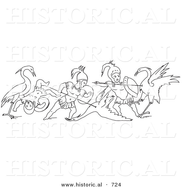Historical Vector Illustration of Cranes and Pygmies Battling - Black and White Version
