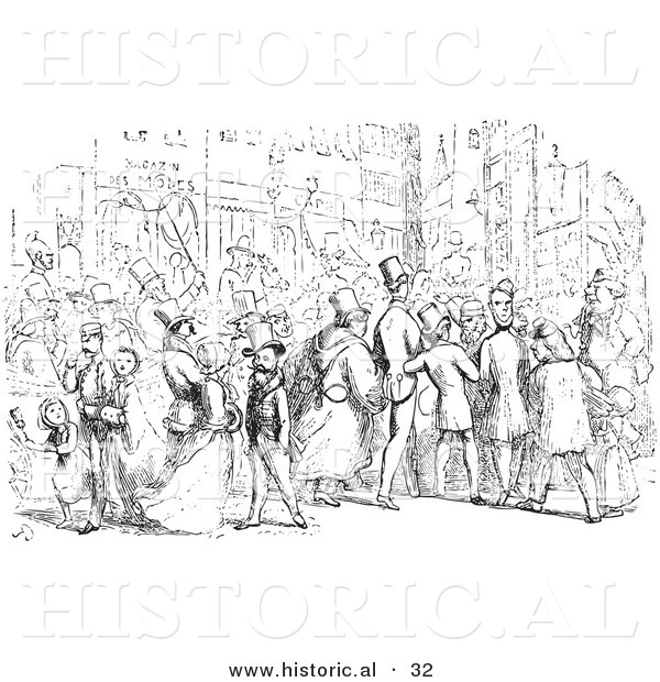 Historical Vector Illustration of Crowd of People in a Street - Black and White Version