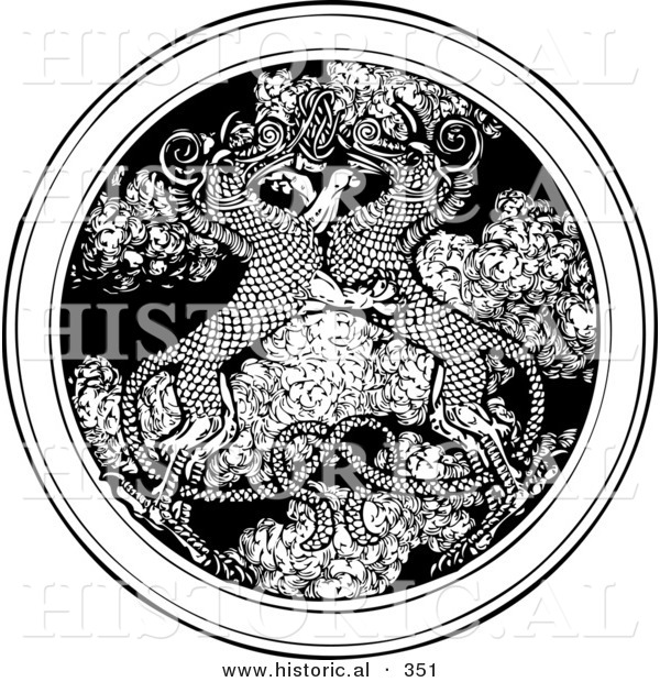 Historical Vector Illustration of Dragons Entwined over a Circle Medallion of Smoke - Black and White Version