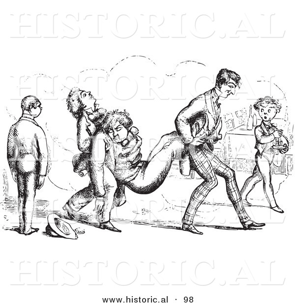 Historical Vector Illustration of Friends Carrying Their Passed out Friend - Black and White Version