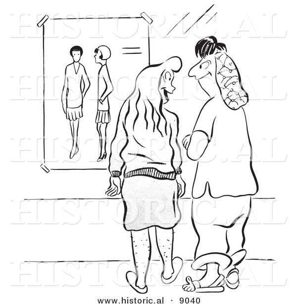 Historical Vector Illustration of Frumpy Cartoon Ladies Eying a Fashion Poster with Pretty Girls - Black and White Outlined Version