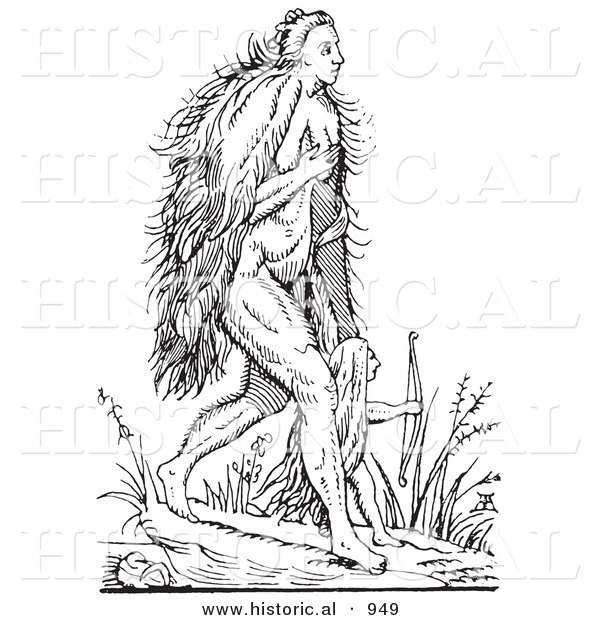 Historical Vector Illustration of Hairy Woman and Child Fantasy Creatures - Black and White Version