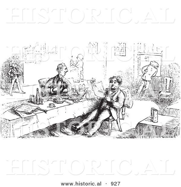 Historical Vector Illustration of Men Eating and Reading at a Restaurant - Black and White Version