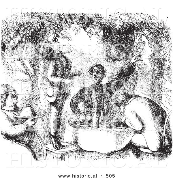 Historical Vector Illustration of Men Eating Grapes with Breakfast - Black and White Version