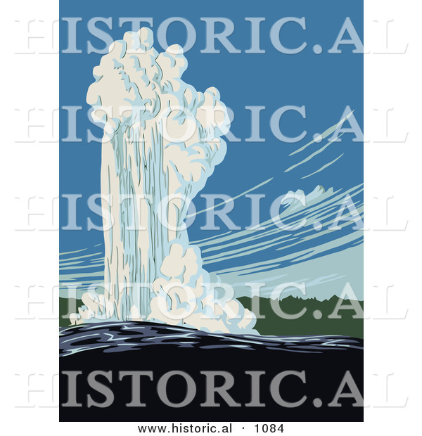 Historical Vector Illustration of Old Faithful in Action, Yellowstone National Park, Wyoming