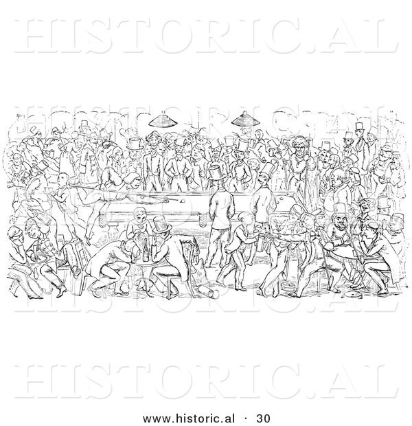 Historical Vector Illustration of People Around a Billiards Table - Black and White Version