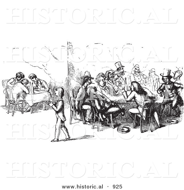 Historical Vector Illustration of People Dining and Chatting at a Restaurant - Black and White Version