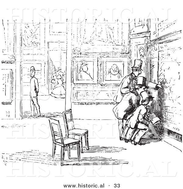 Historical Vector Illustration of People in an Art Gallery - Black and White Version
