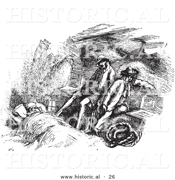 Historical Vector Illustration of Sick People at Sea - Black and White Version