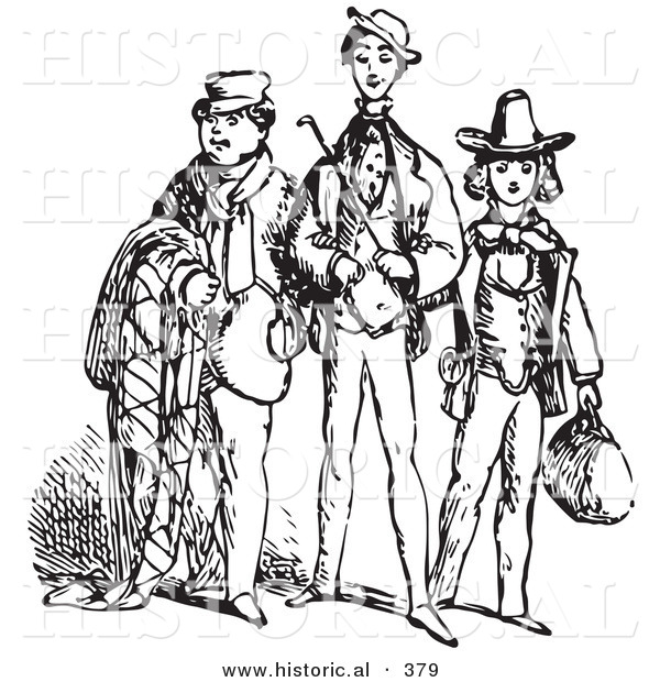 Historical Vector Illustration of Three Men Traveling to Italy - Black and White Version