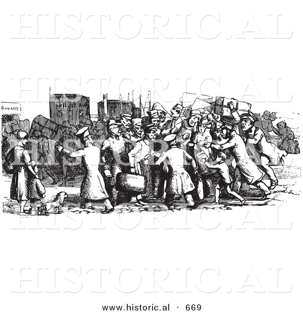 Historical Vector Illustration of Travelers Surrounded by Local People Wanting to Offer Services - Black and White Version Travelers Surrounded by Local People Wanting to Offer Services