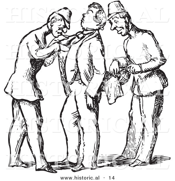 Historical Vector Illustration of Two Guards Searching a Man - Black and White Version