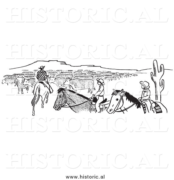 Illustration of a Cowboy Teaching His Son and Daughter About Cattle Herd - Black and White