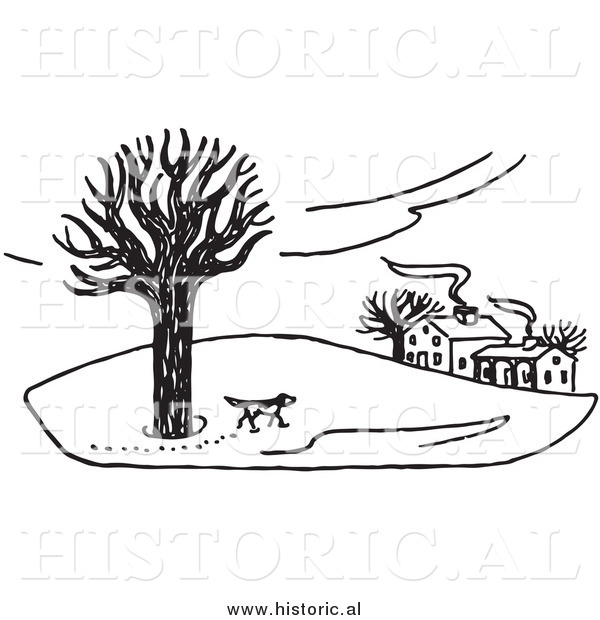 Illustration of a Dog Walking Around Property in the Winter - Black and White