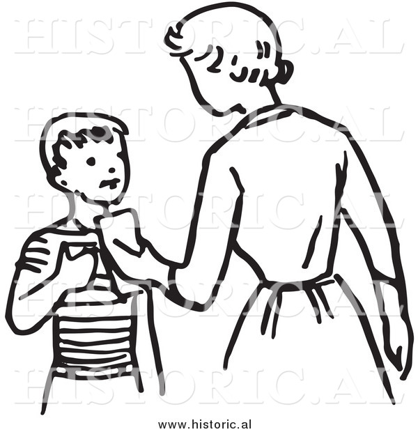 Illustration of a Mom Giving Son Money - Retro Black and White Version