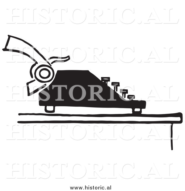 Illustration of a Retro Typewriter with Paper - Black and White