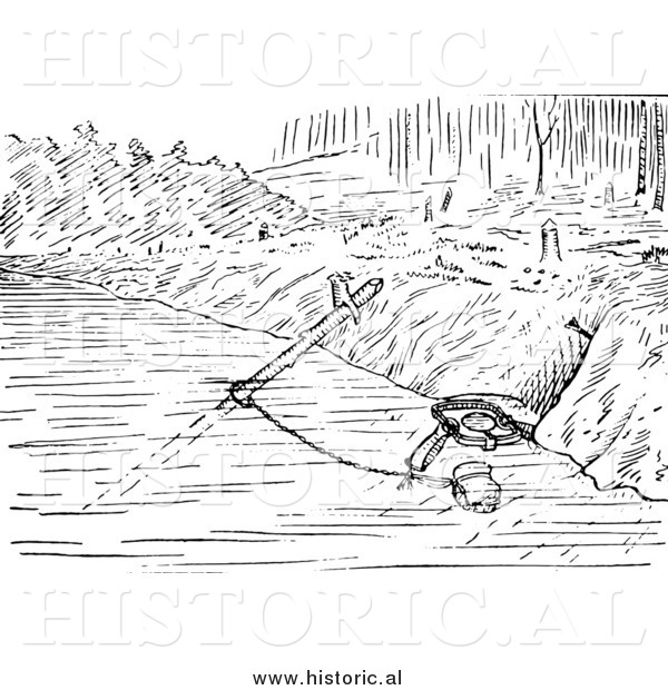 Illustration of a Set Beaver Trap with a Sliding Pole - Black and White
