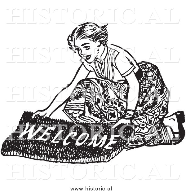 Illustration of a Smiling Young Lady Laying down a Welcome Mat - Black and White