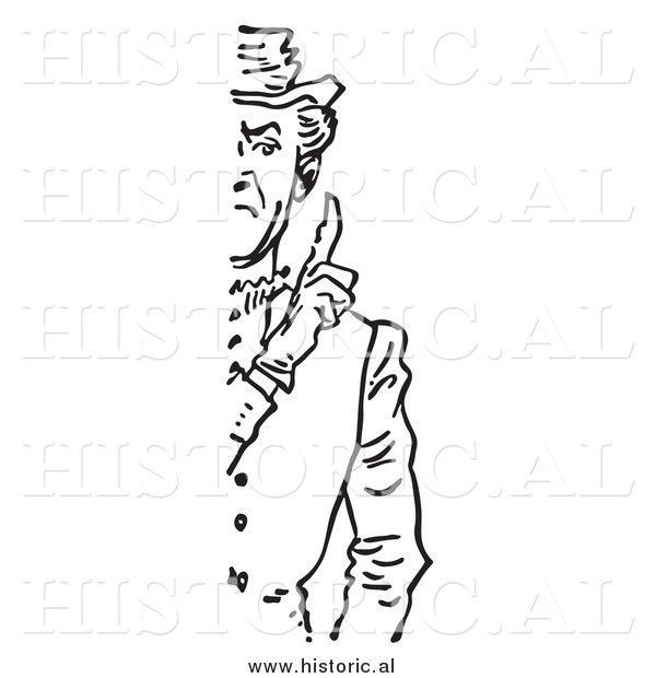 Illustration of a Stern Man Holding up a Finger (1/2 Cut Off) - Black and White