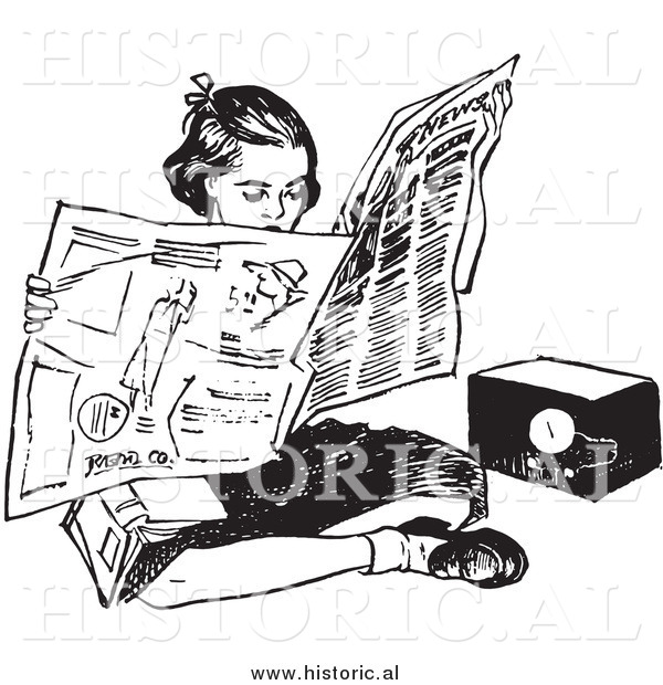 Illustration of a Teen Girl Reading Newspaper While Sitting on Floor Beside Radio