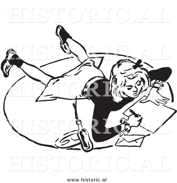 Illustration of a Teen Girl Writing a Letter on the Floor - Black and White