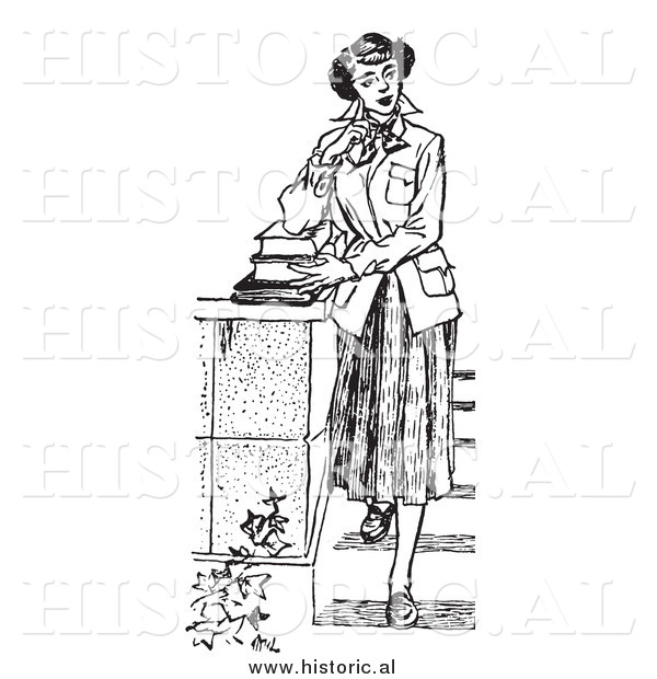 Illustration of a Young Girl Posing with Books on Steps - Black and White