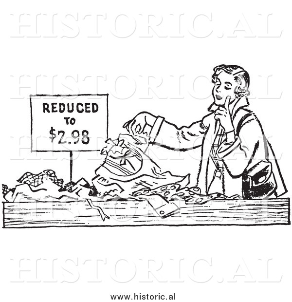 Illustration of a Young Lady Looking Through Pile of Clothes on Sale