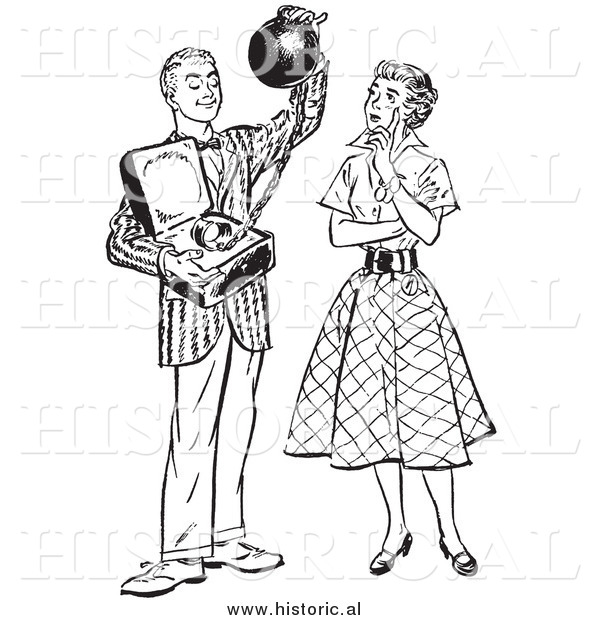 Illustration of a Young Man Offering His Girlfriend Commitment Attached to a Heavy Weight - Black and White Retro Concept