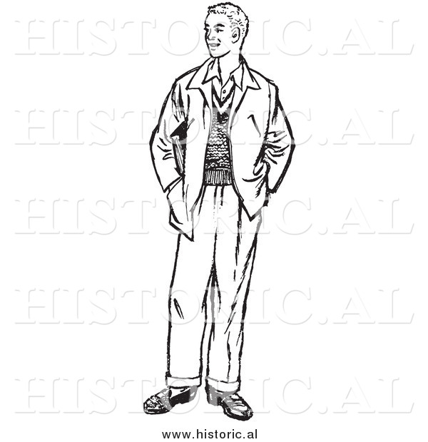 Illustration of a Young Man Standing with His Hands in Jacket Pockets - Black and White