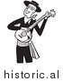 Clipart of a Smiling Man Playing a Banjo - Black and White Drawing by JVPD