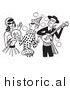 Clipart of People Having Fun at a Halloween Costume Party - Black and White Drawing by JVPD