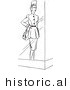 Historical Cartoon Vector Illustration of a Mannequin Wearing a Dress Featured Behind a Window - Black and White Outlined Version by Picsburg